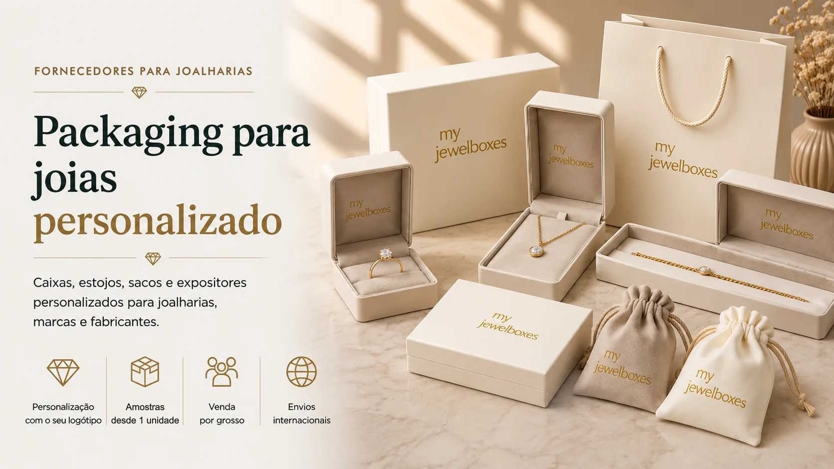 Packaging personalizado para joalharia com caixas, estojos, sacos e expositores MyJewelBoxes
